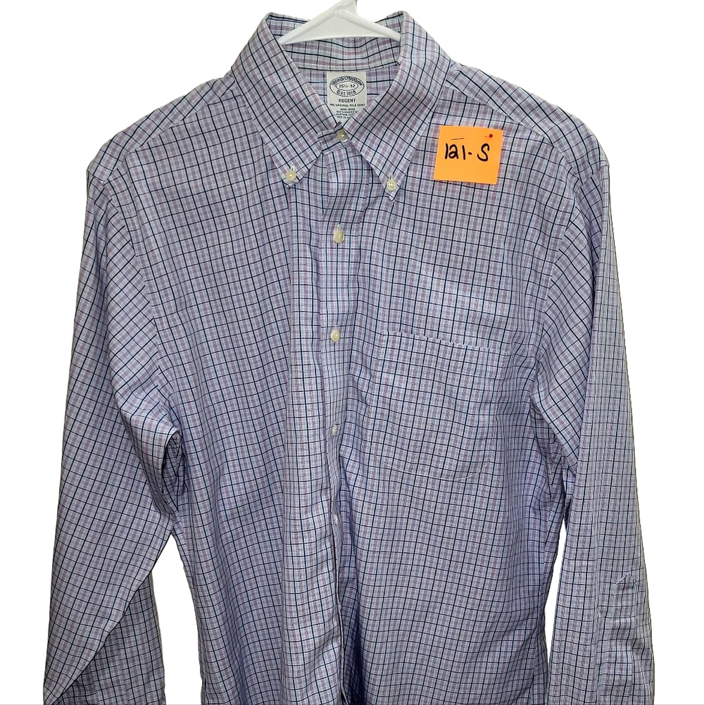 Lands' End Men's Purple and White Plaid Shirt